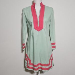 STS Sail to Sable Classic Tunic‎ Dress Size S Mint Green Pink Trim Long Sleeve